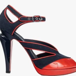 CHANEL Black and Red Peep-Toe navy blue fabric and patent leather Heels
